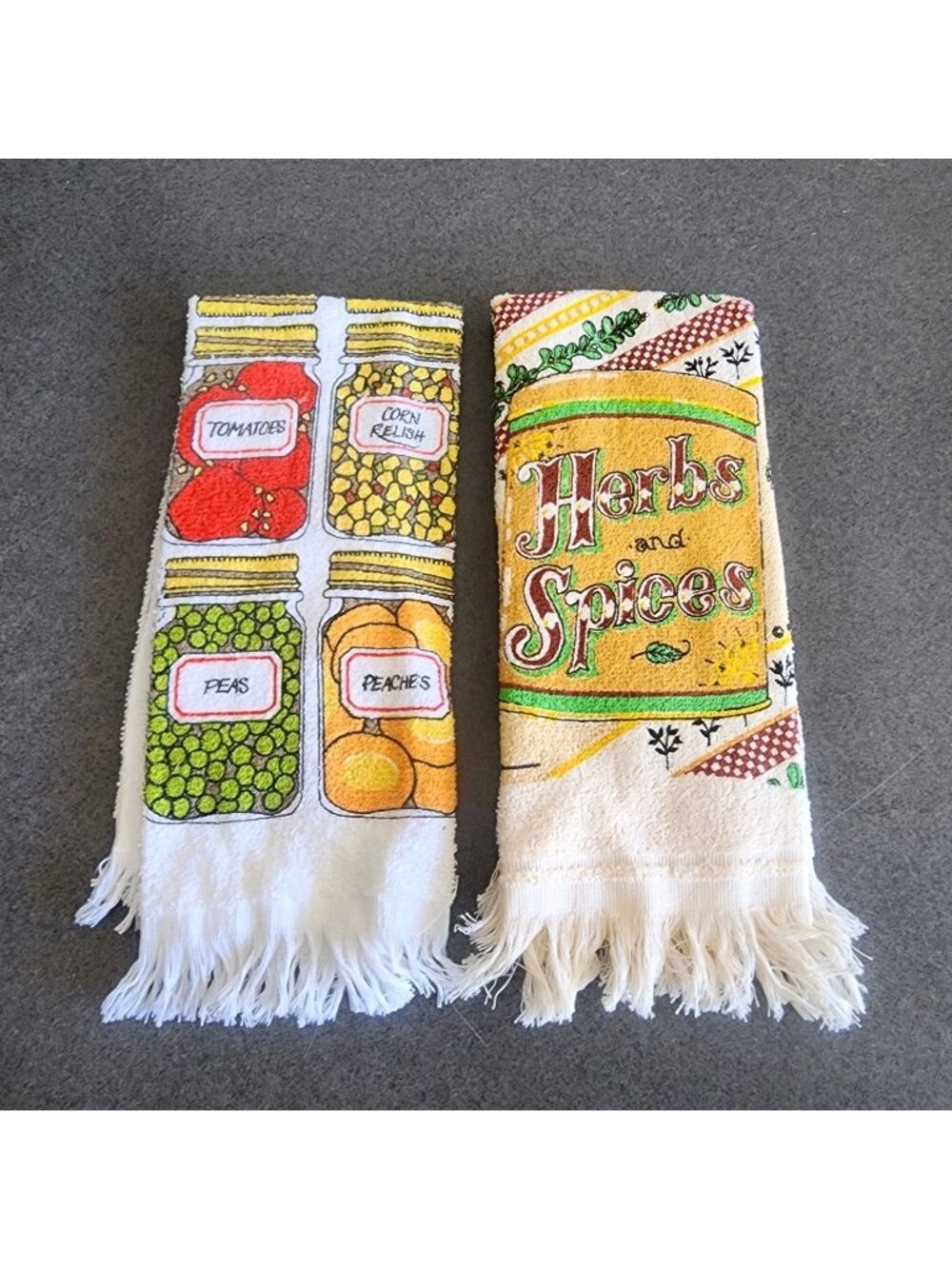 Vtg 1970s Terry Cloth Kitchen Towels Lot of 2 Fringed Canning Jars Herbs Spices